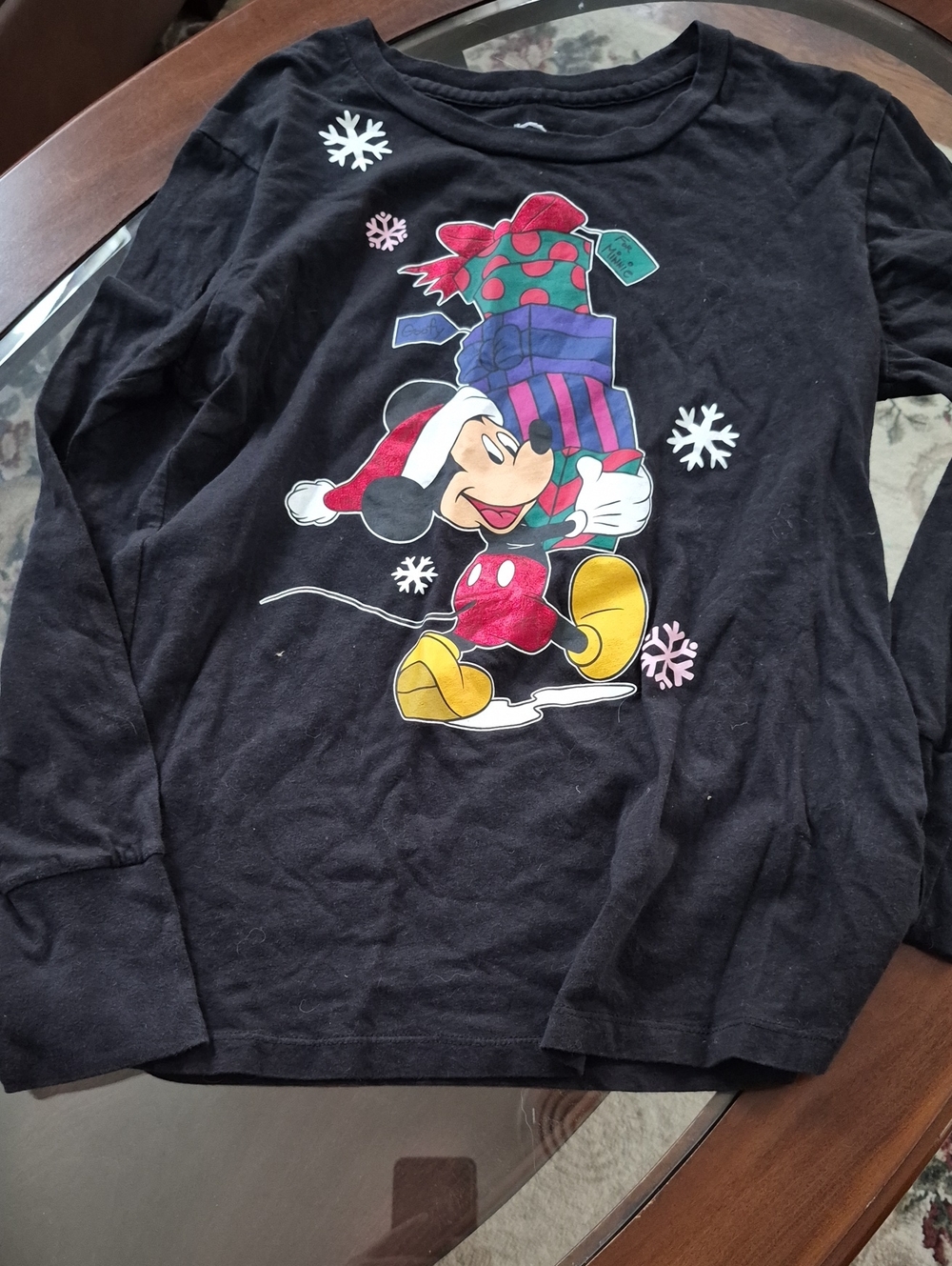 Disney Long-Sleeve Mickey Mouse Holiday Tee with Multicolor Gift Graphic